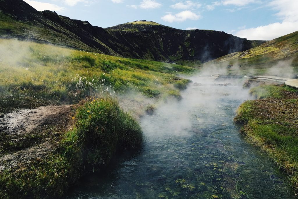 Reykjadalur Hot Springs in summer 