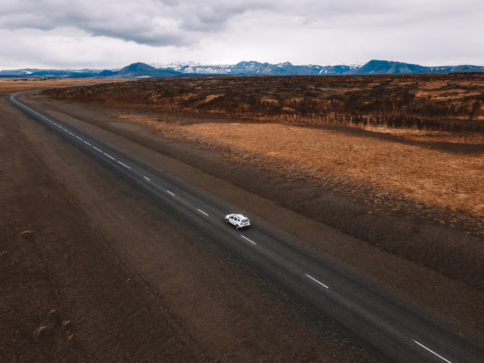 a car driving on the Iceland route 1 ring road