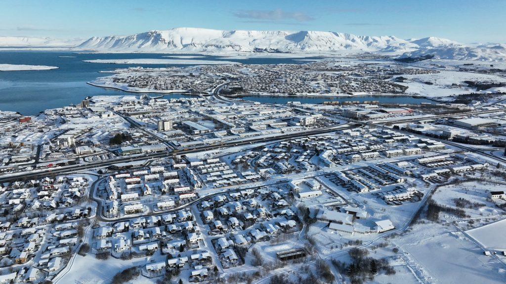 Drone view of Reykjavik iceland in winter
