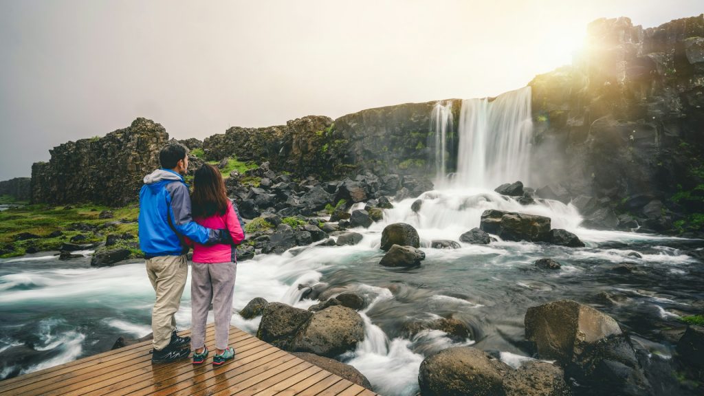 seeing the waterfall in Iceland in summer