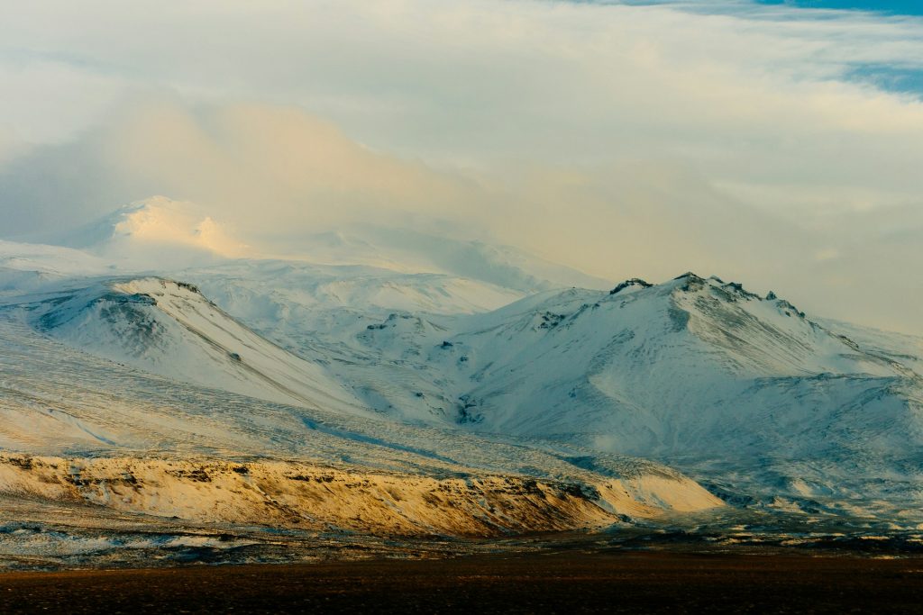 a view of Snaefellsjokull volcano outside the car window 