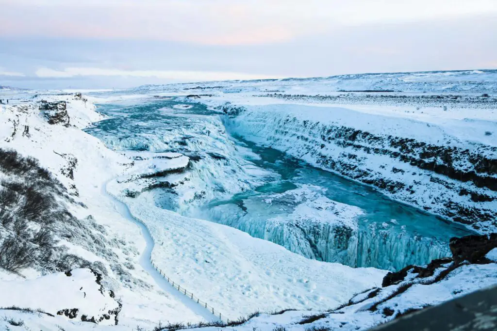 Frozen water fall in Icelandic winter